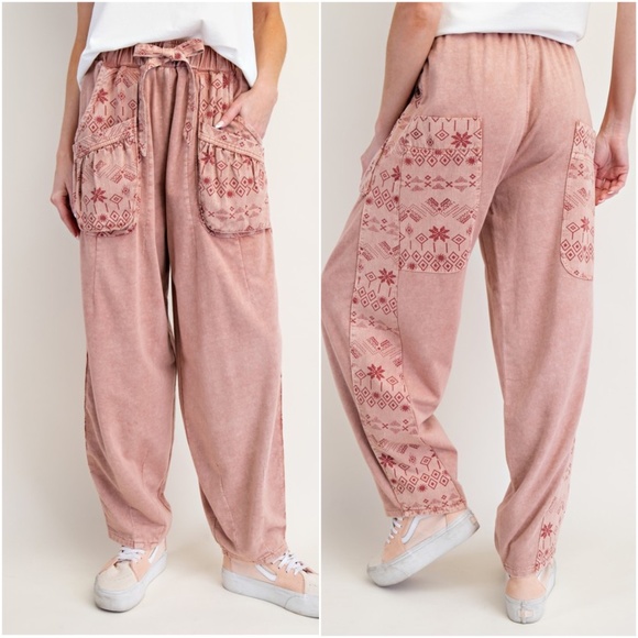 Easel Tribal Print Mix Mineral Washed Twill Barrel Pants - Picture 1 of 4
